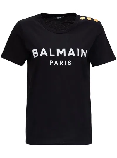 BALMAIN BLACK CREWNECK T-SHIRT WITH LOGO PRINT AND GOLDEN BUTTONS