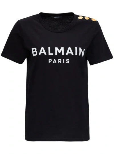 BALMAIN BLACK CREWNECK T-SHIRT WITH LOGO PRINT AND GOLDEN BUTTONS IN JERSEY