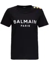 Balmain Black Crewneck T-shirt With Logo Print And Golden Buttons In Jersey Woman