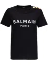 Balmain Black Crewneck T-shirt With Logo Print And Golden Buttons In Jersey Woman