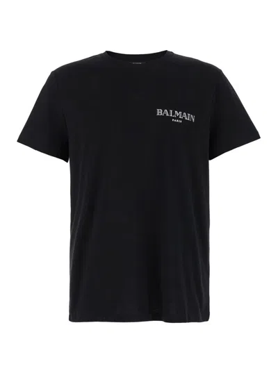 Balmain Black Crewneck T-shirt With Logo Print In Cotton Man