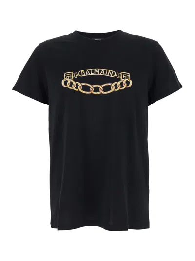 BALMAIN BLACK CREWNECK T-SHIRT WITH LOGO PRINT ON THE FRONT IN COTTON MAN
