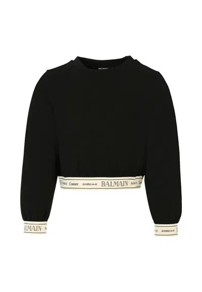 BALMAIN BLACK CROP SWEATSHIRT FOR GIRL WITH LOGO