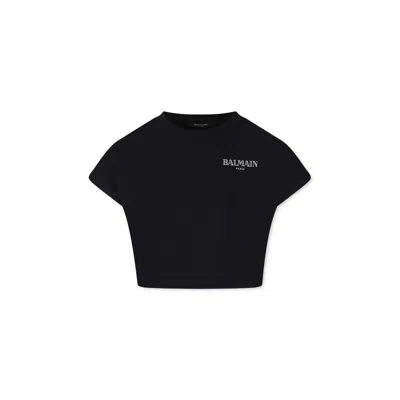 Balmain Kids' Black Crop T-shirt For Girl With Logo