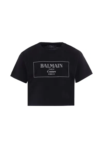 BALMAIN BLACK CROP T-SHIRT FOR GIRL WITH LOGO