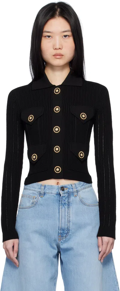 Balmain Ribbed Texture Knit Cardigan With Gold Buttons In Black
