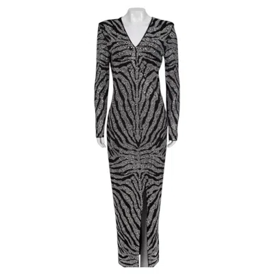 Pre-owned Balmain Black Crystal Embellished Long Sleeve Fitted Maxi Dress Xs