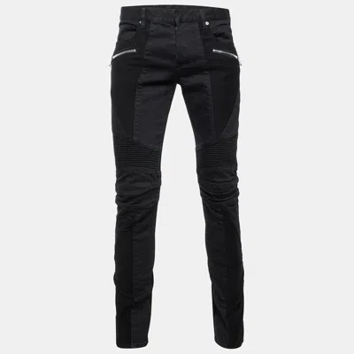 Pre-owned Balmain Black Denim Ribbed Knee Skinny Biker Jeans L/waist 34"