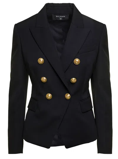 BALMAIN BLACK DOUBLE-BREASTED JACKET WITH BRANDED BUTTONS AND ASYMMETRIC CUT IN WOOL WOMAN