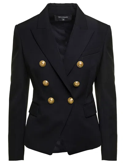 BALMAIN BALMAIN BLACK DOUBLE-BREASTED JACKET WITH BRANDED BUTTONS AND ASYMMETRIC CUT IN WOOL WOMAN