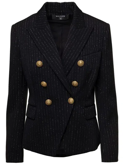 BALMAIN BLACK DOUBLE-BREASTED JACKET WITH LUREX DETAILS AND JEWEL BUTTONS IN WOOL WOMAN