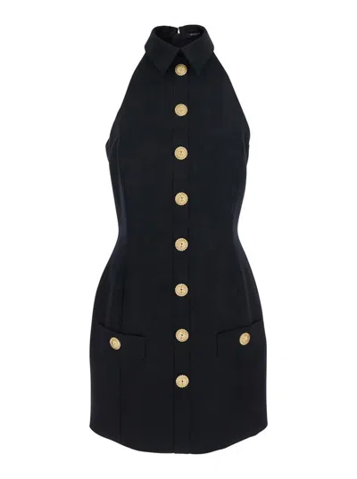 BALMAIN BLACK DRESS WITH POINTED COLLAR AND LOGO BUTTONS ON THE FRONT