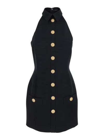 BALMAIN BALMAIN BLACK DRESS WITH POINTED COLLAR AND LOGO BUTTONS ON THE FRONT IN WOOL WOMAN