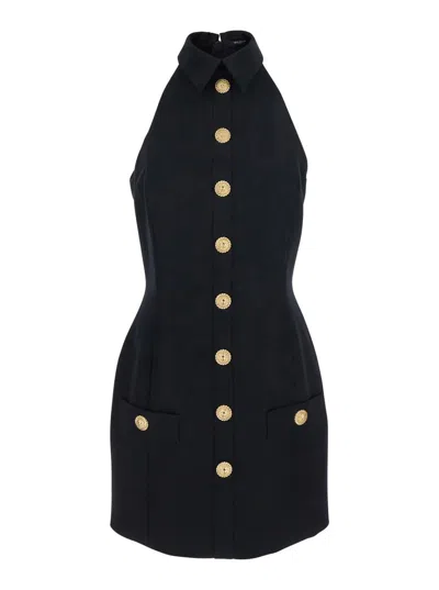BALMAIN BLACK DRESS WITH POINTED COLLAR AND LOGO BUTTONS ON THE FRONT IN WOOL WOMAN