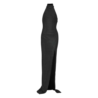 Balmain Long Velvet Halterneck Dress With Rhinestones In Black