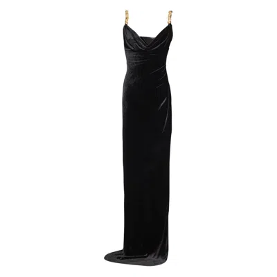 Balmain Button Cowl-neck Velvet Slit Maxi Dress In Black