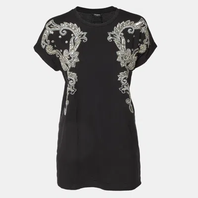 Pre-owned Balmain Black Embellished Cotton Knit Top S