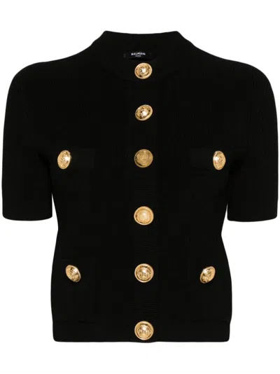 Balmain Black Embossed Button Knit Cardigan