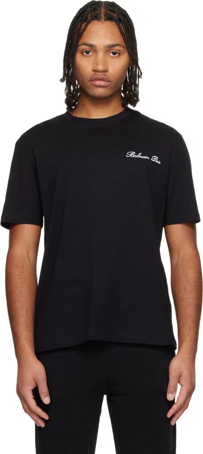 BALMAIN BLACK EMBROIDERED 'BALMAIN' SIGNATURE T-SHIRT