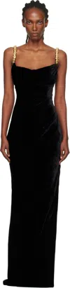 Balmain Black Embroidered Button Velvet Slit Maxi Dress In Black