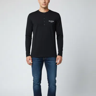 Pre-owned Balmain Black Embroidered Logo Jersey Long Sleeve T-shirt L