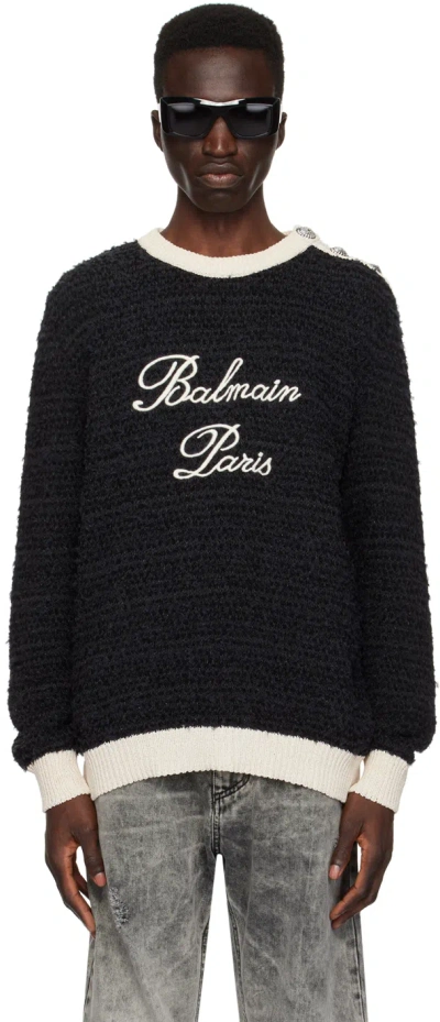 Balmain Black Embroidered Sweater In Eab Noir/blanc