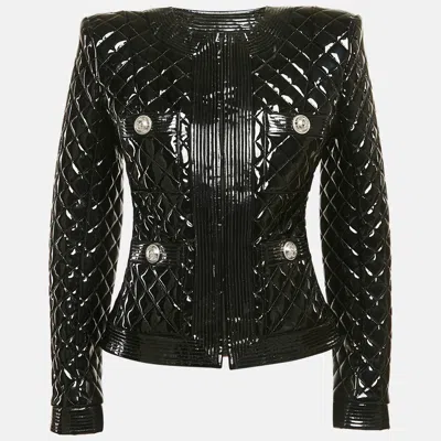 Pre-owned Balmain Black Faux Leather Button Detail Quilted Jacket S