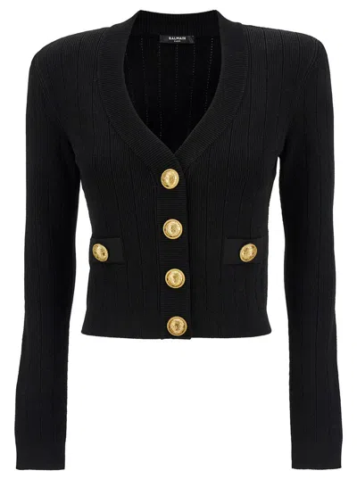 BALMAIN BLACK FITTED CARDIGAN WITH V NECKLINE AND JEWEL BUTTONS IN KNIT WOMAN