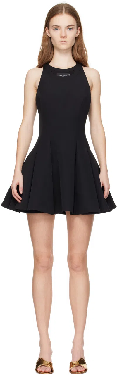 Balmain Flared Pleated Grain De Poudre Dress In Black