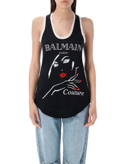 BALMAIN BLACK FLOCKED RELAXED TANK TOP