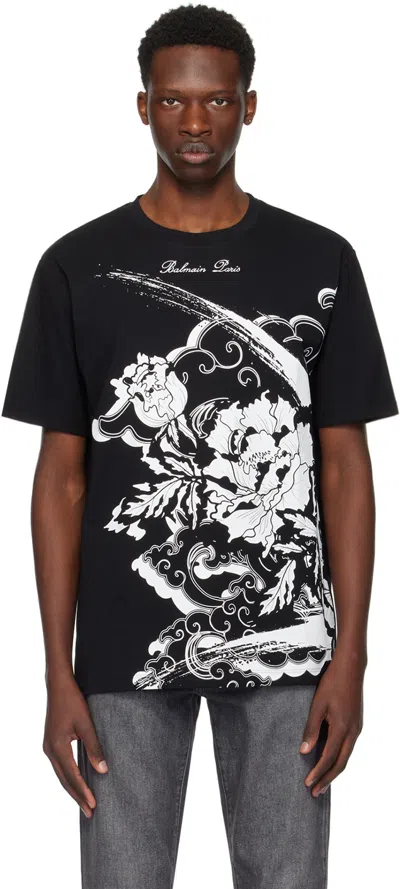 Balmain Black Flower Print T-shirt In Eab Noir/blanc