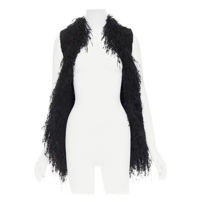 Pre-owned Balmain Black Fringe Tweed Gold Varsity Buttons Drape Front Vest Fr36 S