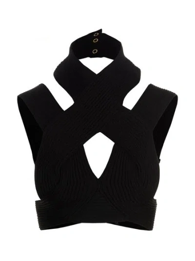 Balmain Black Geometric Halterneck Knit Top For Women