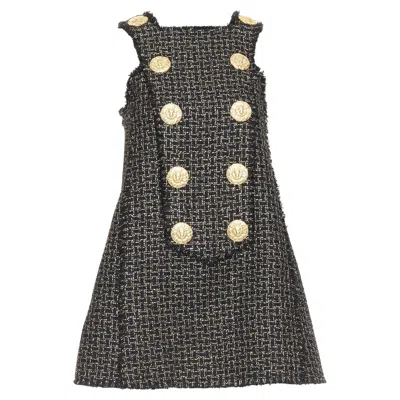 Pre-owned Balmain Black Gold Lion Heart Metallic Tweed Aline Swing Mini Dress Fr34 Xs
