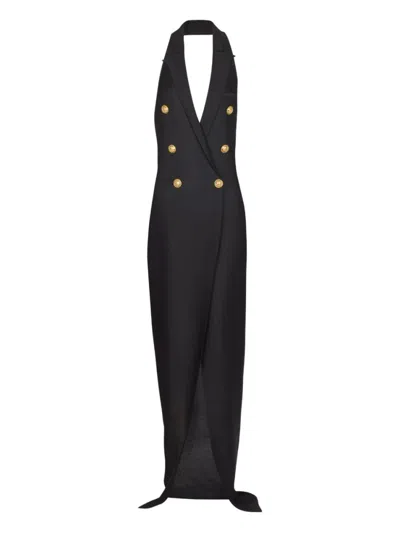 BALMAIN BLACK HALTERNECK MAXI DRESS
