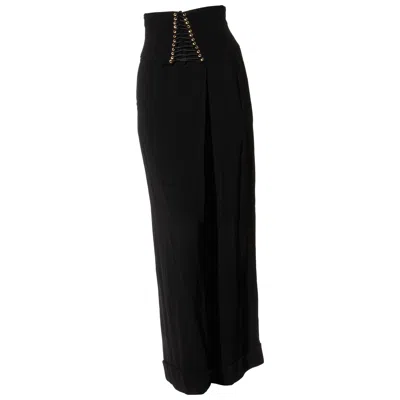 Pre-owned Balmain Black High-waisted Corset Wide-leg Pants Gold Lace-up Detail Size 36