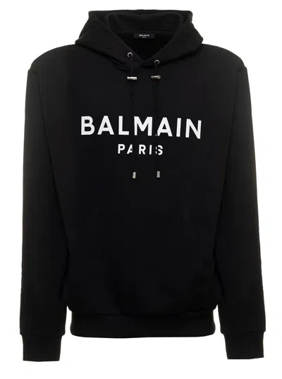 BALMAIN BLACK HOODIE WITH CONTRASTING LOGO PRINT IN COTTON MAN