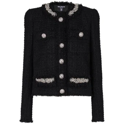 Balmain Embroidered Tweed Jacket In Black