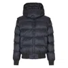 Balmain Short Nylon Jacquard Down Jacket With Black Monogram Men In Blue
