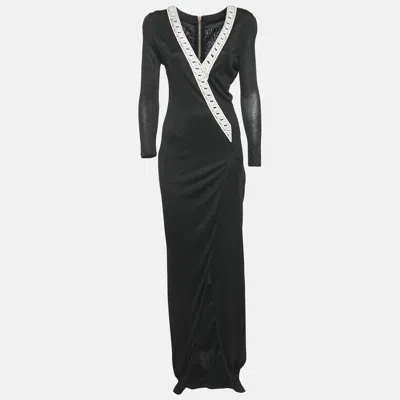 Pre-owned Balmain Black Jersey Crystal Embellished Slit Detail Maxi Dress L
