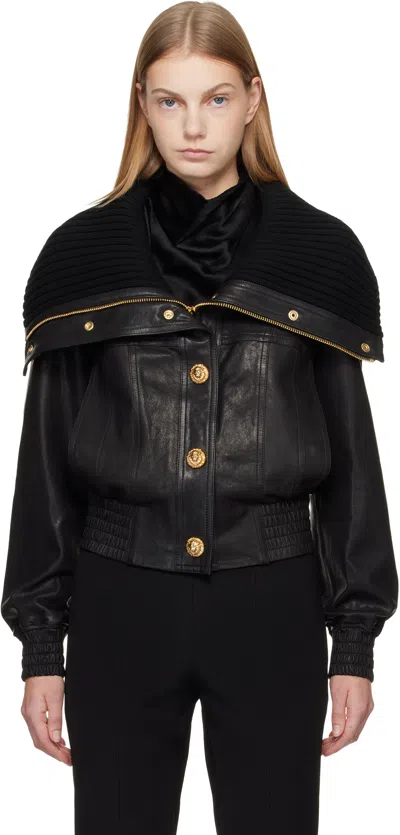Balmain Knit Collar Lambskin Leather Bomber Jacket In Black