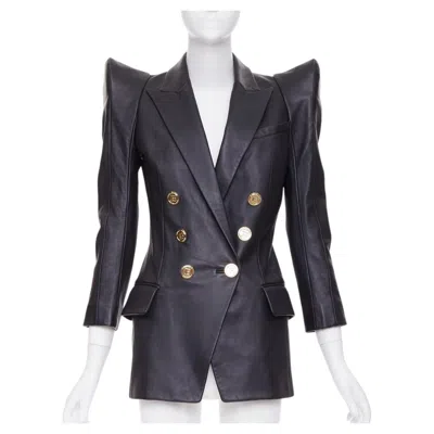 Pre-owned Balmain Black Lambskin Leather Gold Buttons Pagoda Shoulders Jacket Fr34 Xs