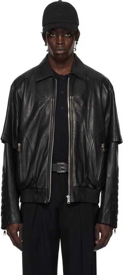 Balmain Black Layered Leather Jacket In 0pa Noir