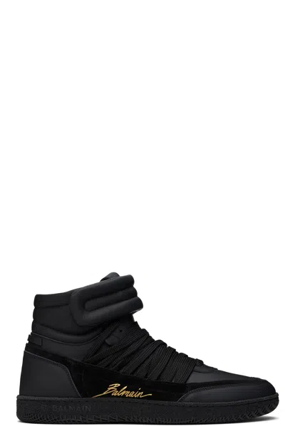 BALMAIN BLACK LEATHER 'BALMAIN SWAN' MID-TOP LACE-UP SNEAKERS
