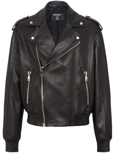 Balmain Black Leather Biker Jacket In Noir
