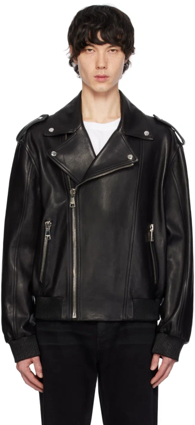 Balmain Black Leather Bomber Jacket In 0pa Noir