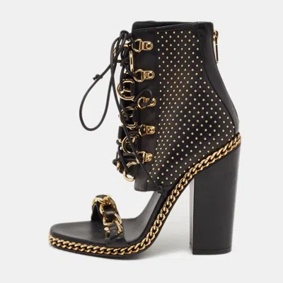 Pre-owned Balmain Black Leather Chain Lace Up Ankle Sandals Size 39