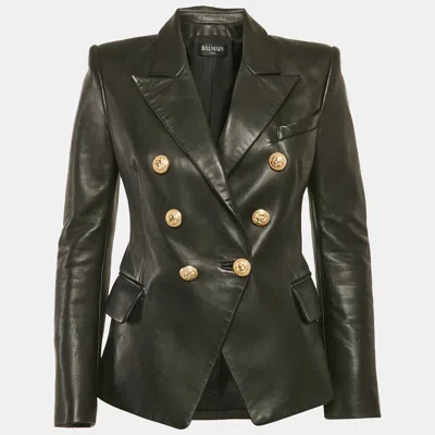 Pre-owned Balmain Black Leather Double Breasted Jacket M