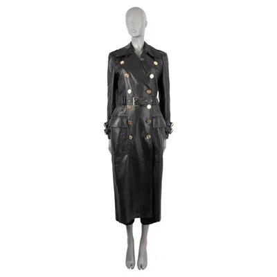 Pre-owned Balmain Black Leather Double Breasted Trench Jacket 38 S