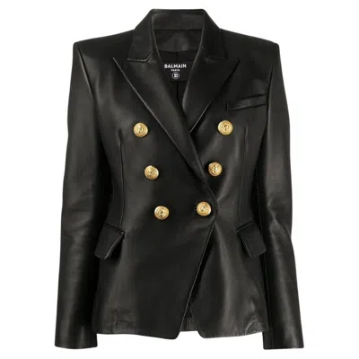 Pre-owned Balmain Black Leather Double-breasted Jacket Fr 42